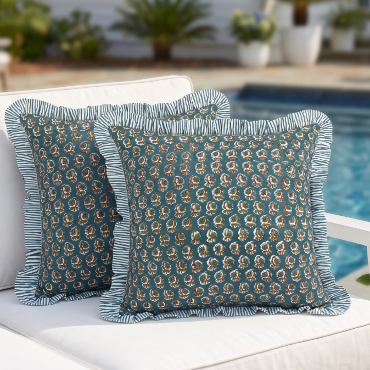 Peacock Blue Ruffle Pillow Cover