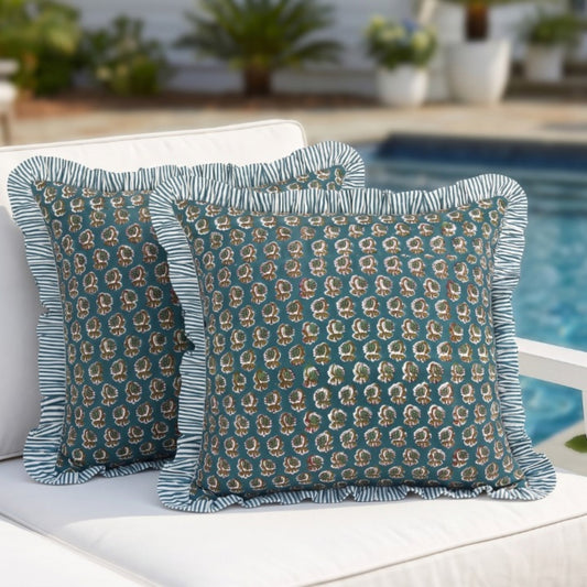 Peacock Blue Ruffle Pillow Cover Ridhi Block Print