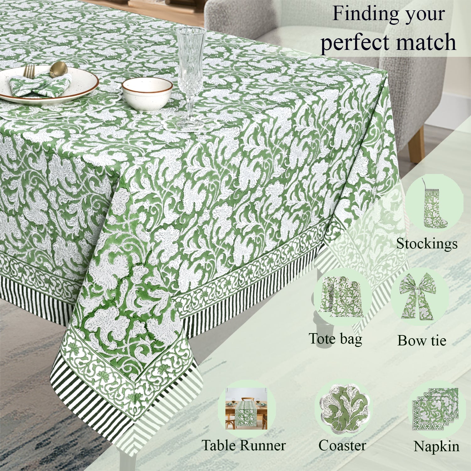 Sage Green Rectangle Tablecloth Ridhi Block Print