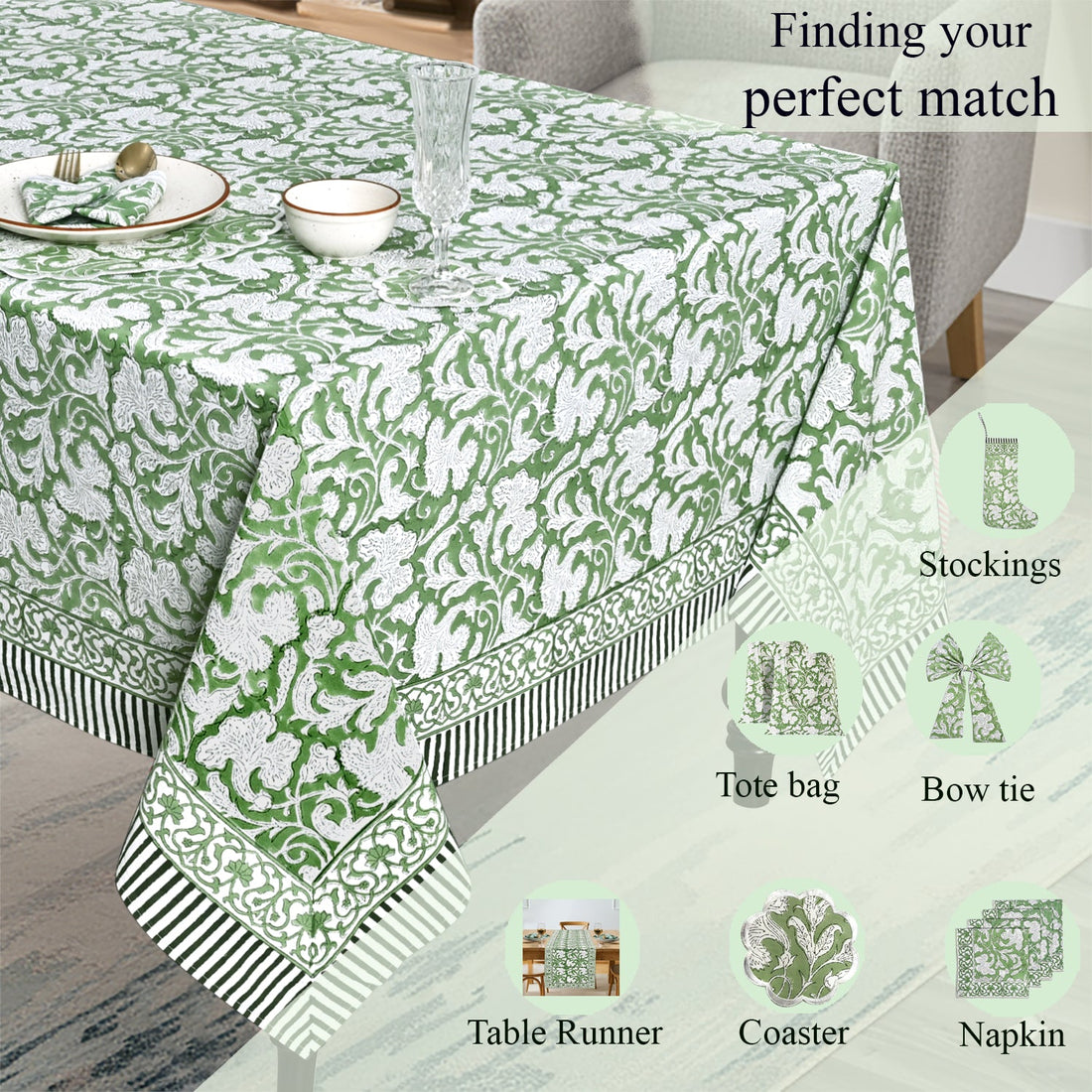 Sage Green Square & Rectangle Tablecloth Ridhi Block Print