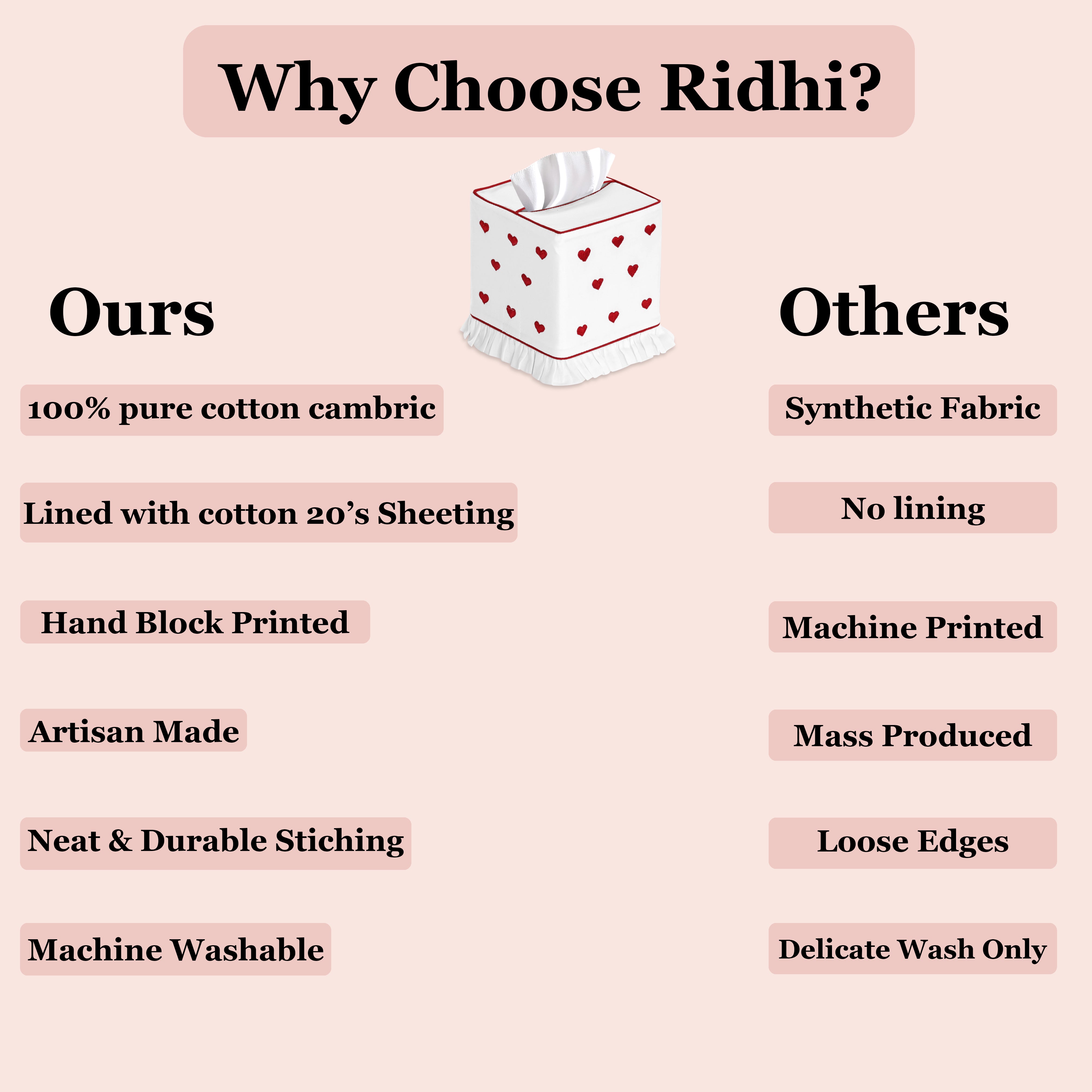 Comparison chart highlighting why choose Ridhi products over others on a pink background.