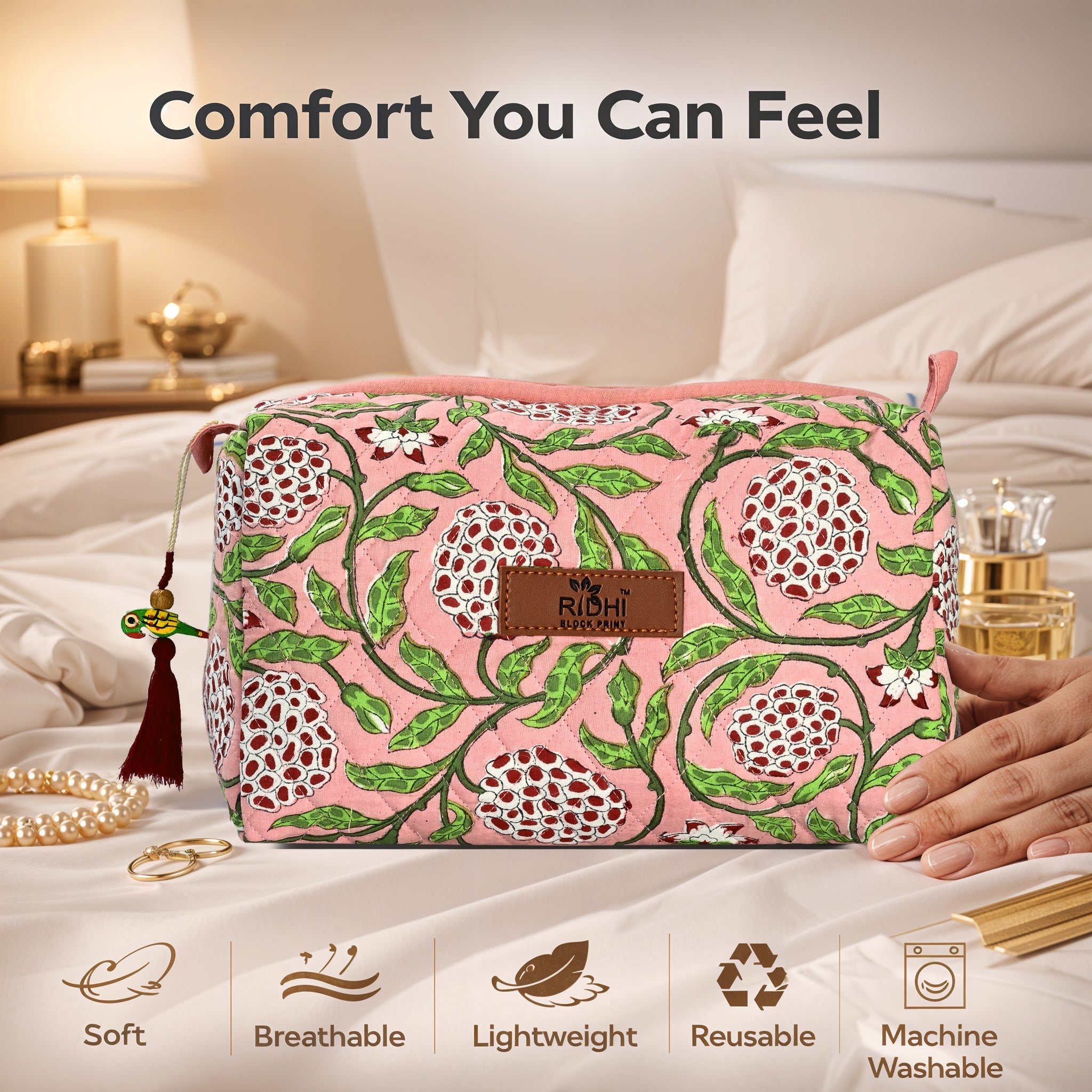 Block Print Cotton Quilted Toiletry Bag - Strawberry Pink RIDHI