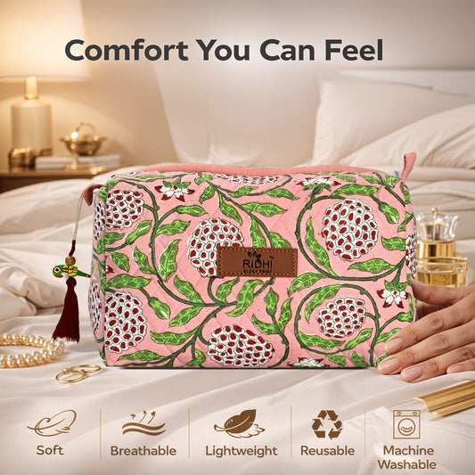 Block Print Cotton Quilted Toiletry Bag - Strawberry Pink RIDHI