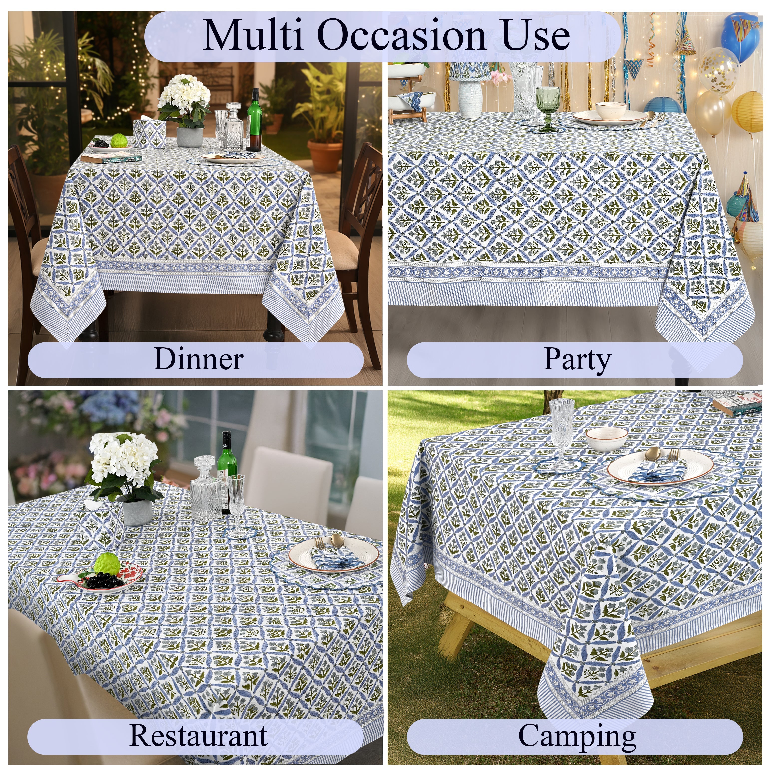 Light Steel Blue Square & Rectangle Tablecloths Ridhi Block Print