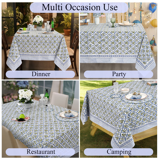 Light Steel Blue Square & Rectangle Tablecloths Ridhi Block Print
