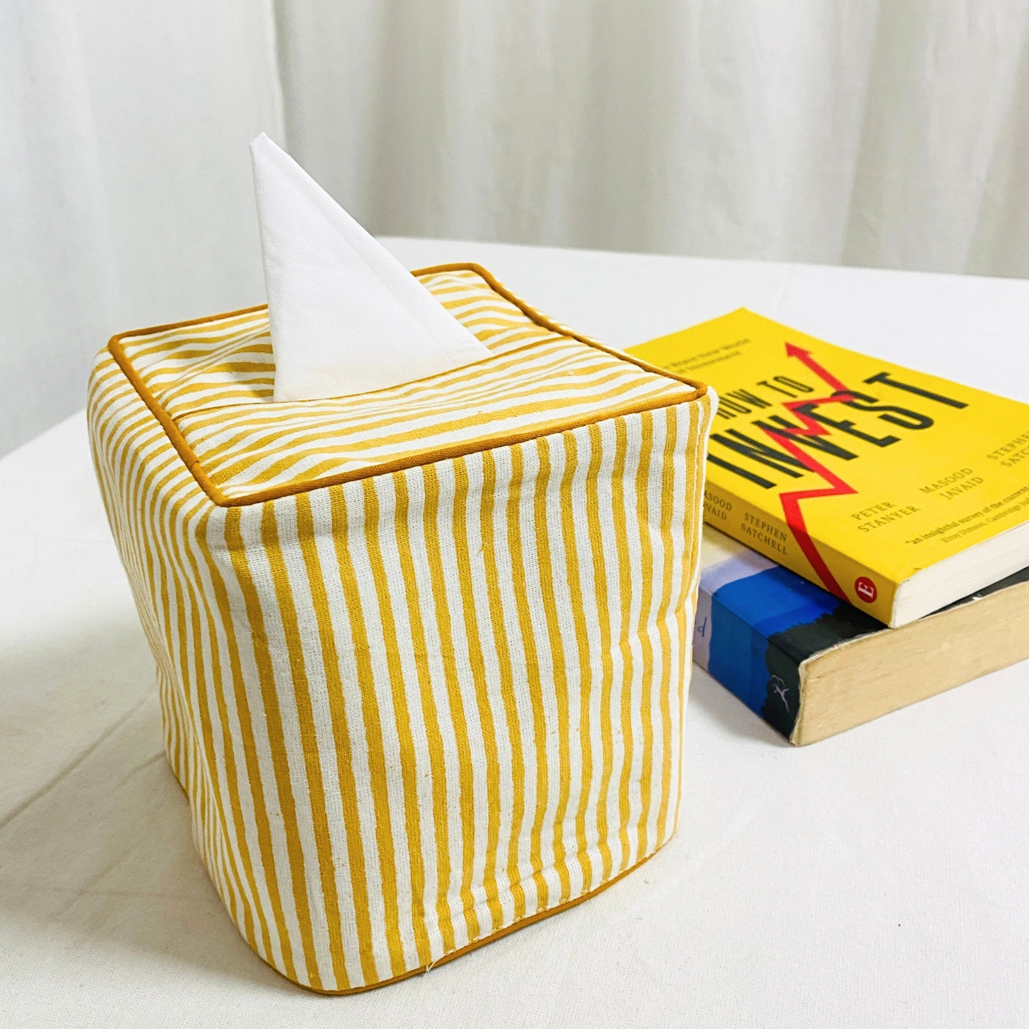 Saffron Yellow Striped Tissue Box Cover Ridhi Block Print
