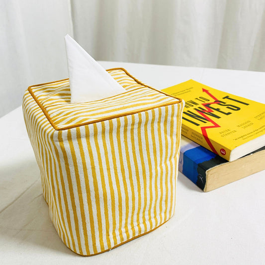 Saffron Yellow Striped Tissue Box Cover Ridhi Block Print