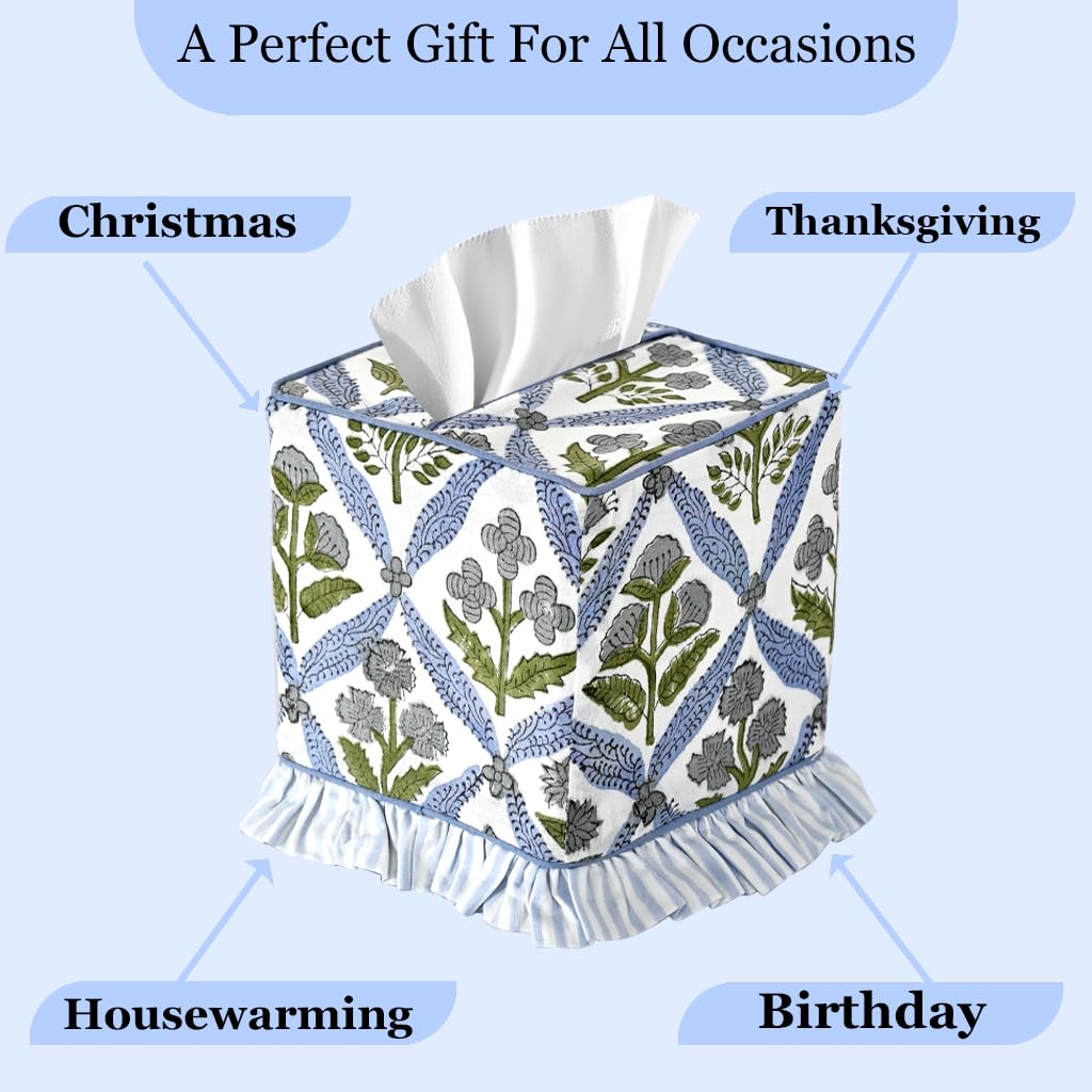Hand Block Print Cotton Tissue Box Cover - Light Steel Blue
