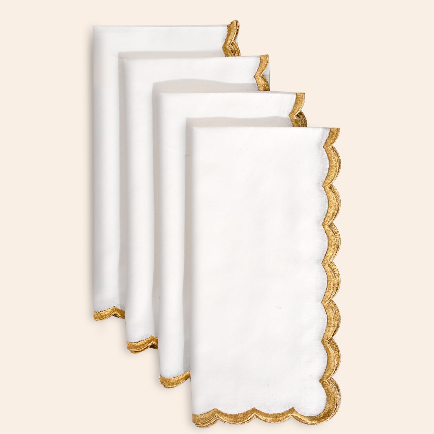 Hand Block Print Cotton Cloth Napkin - White with Champagne Gold Edge