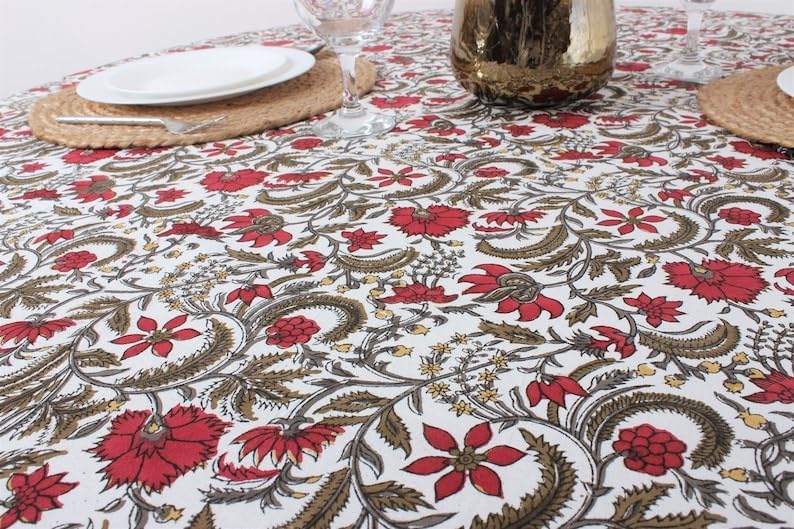 Hand Block Print Cotton Tablecloth - Prune Red