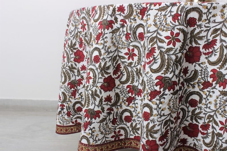 Hand Block Print Cotton Tablecloth - Prune Red