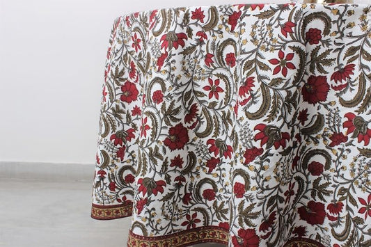 Hand Block Print Cotton Tablecloth - Prune Red