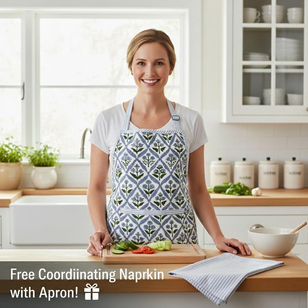 Hand Block Print Cotton Kitchen Apron - Light Steel Blue