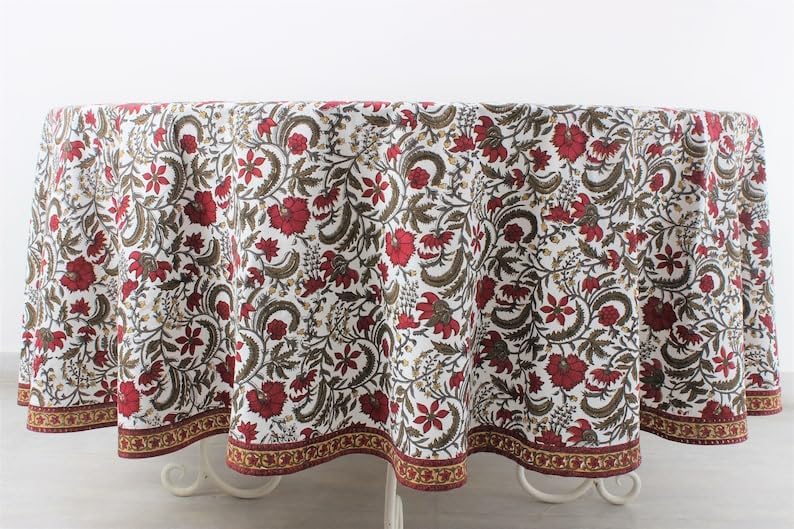 Hand Block Print Cotton Tablecloth - Prune Red