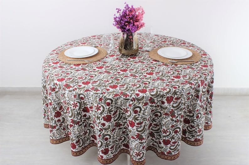 Hand Block Print Cotton Tablecloth - Prune Red