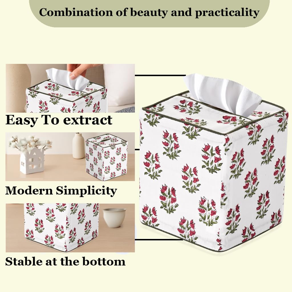 Hand Block Print Cotton Tissue Box Cover - Marmalade Red