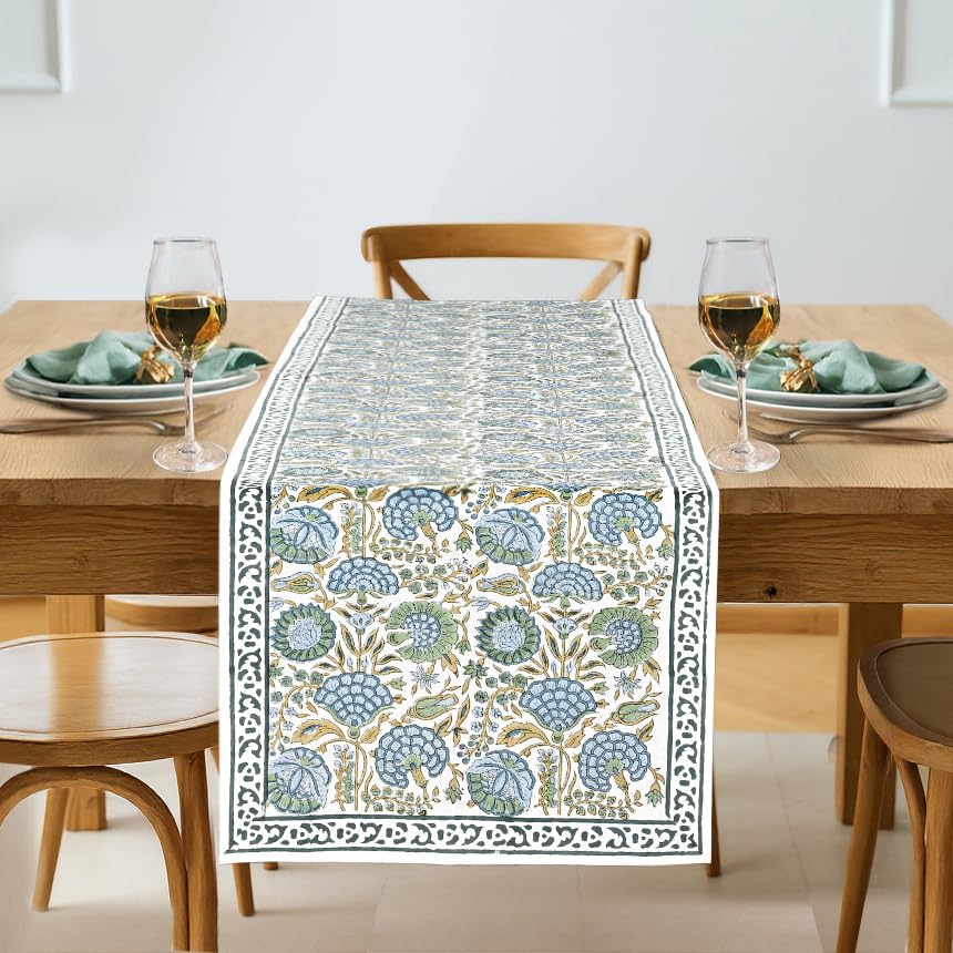 Hand Block Print Cotton Table Runner - Asparagus Green
