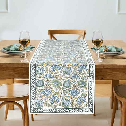 Hand Block Print Cotton Table Runner - Asparagus Green