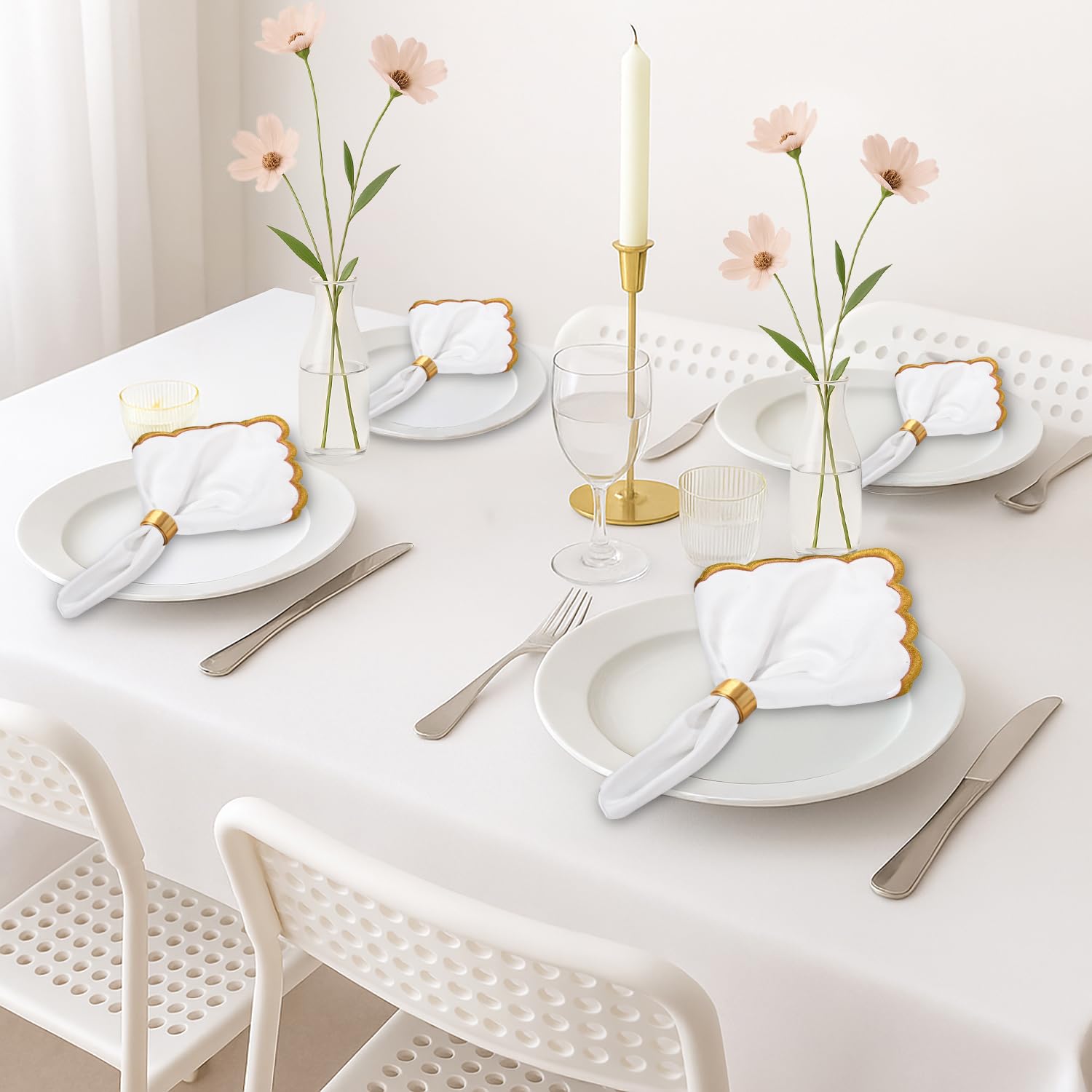 Hand Block Print Cotton Cloth Napkin - White with Champagne Gold Edge