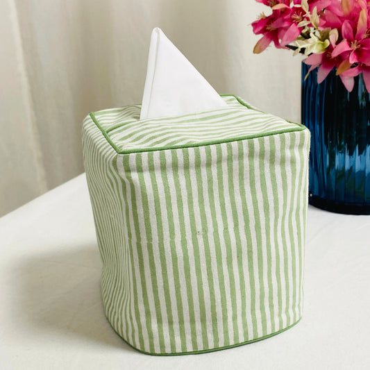 Sage Green Striped Tissue Box Cover Ridhi Block Print