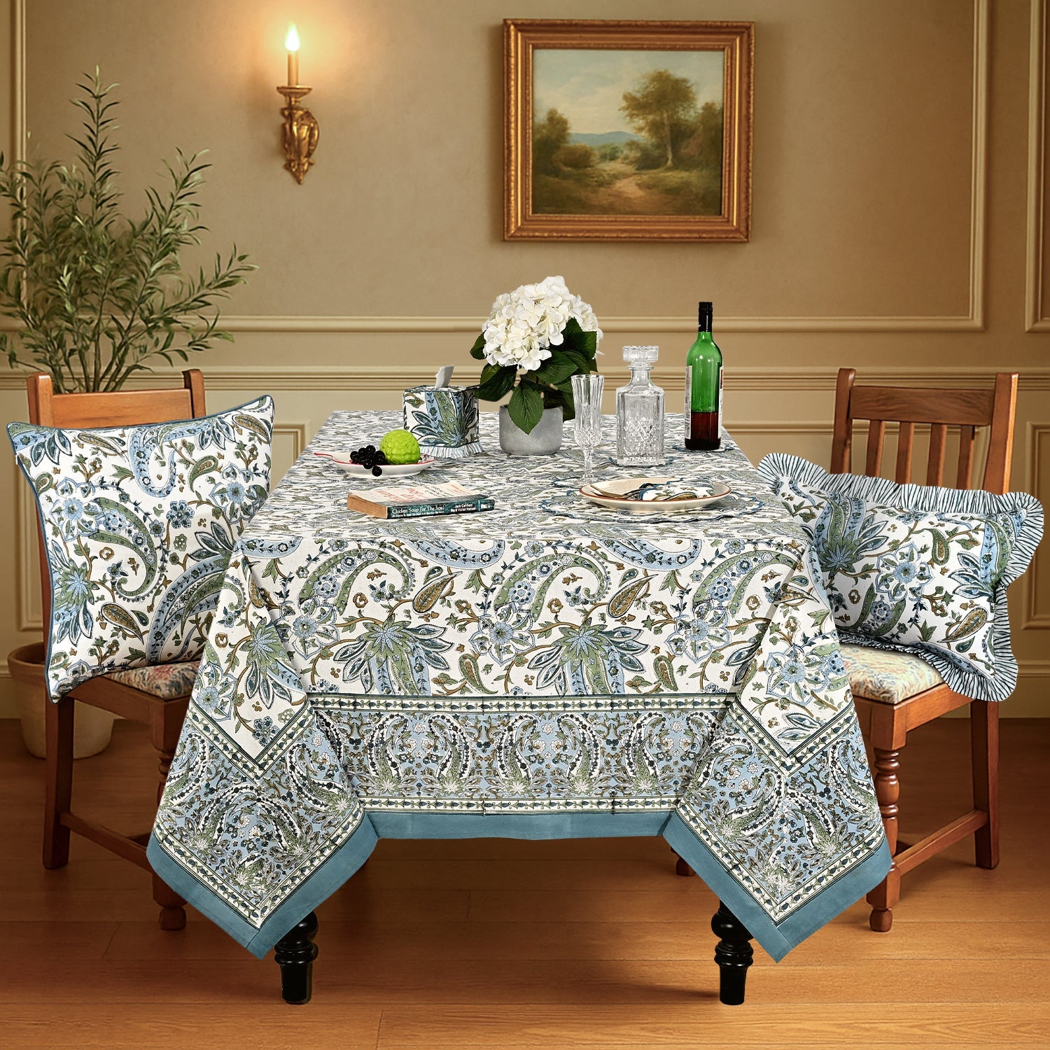 Asparagus Paislay Square & Rectangle Tablecloth Ridhi Block Print