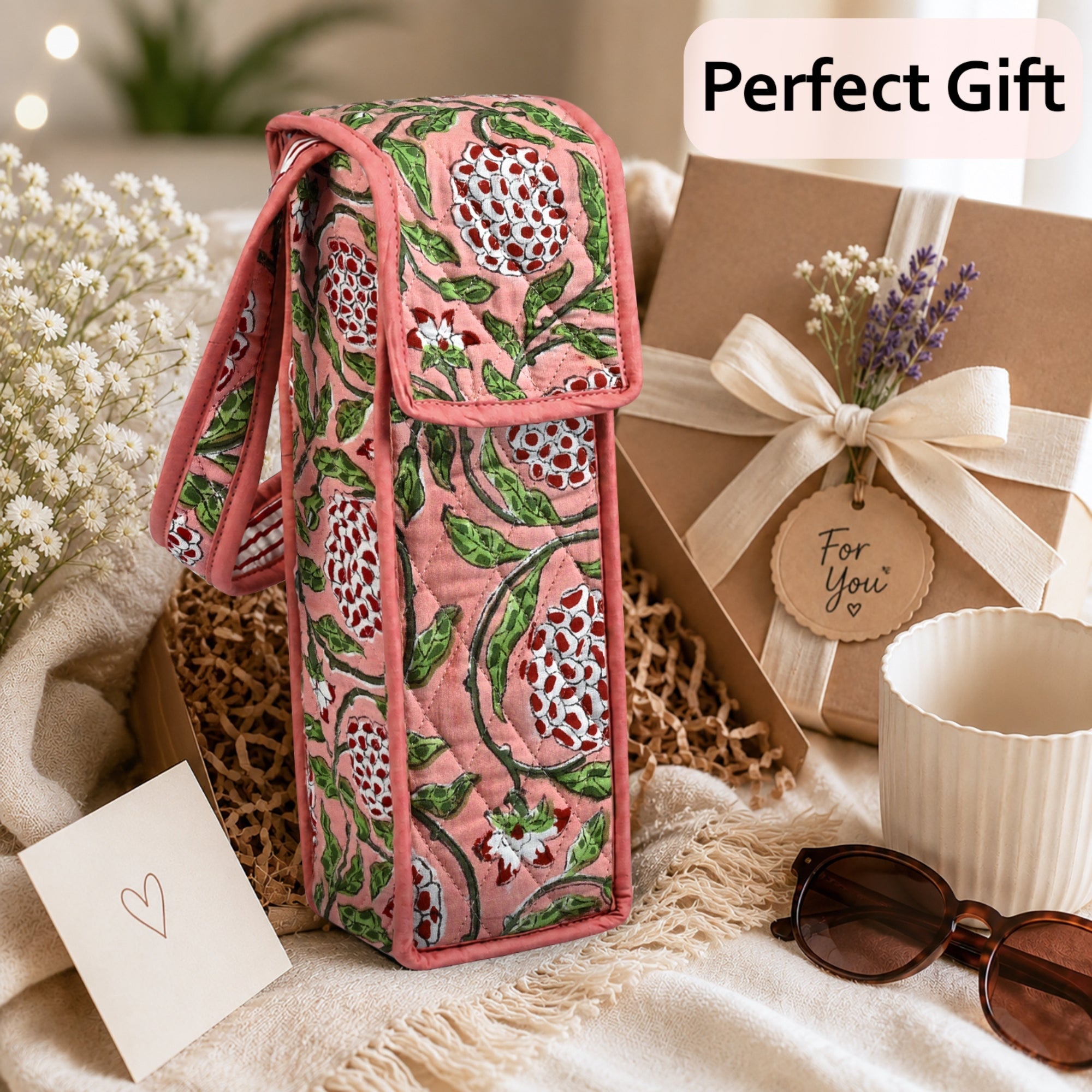 Strawberry Pink Block Print Quilted Water Bottle Holder Bag RIDHI