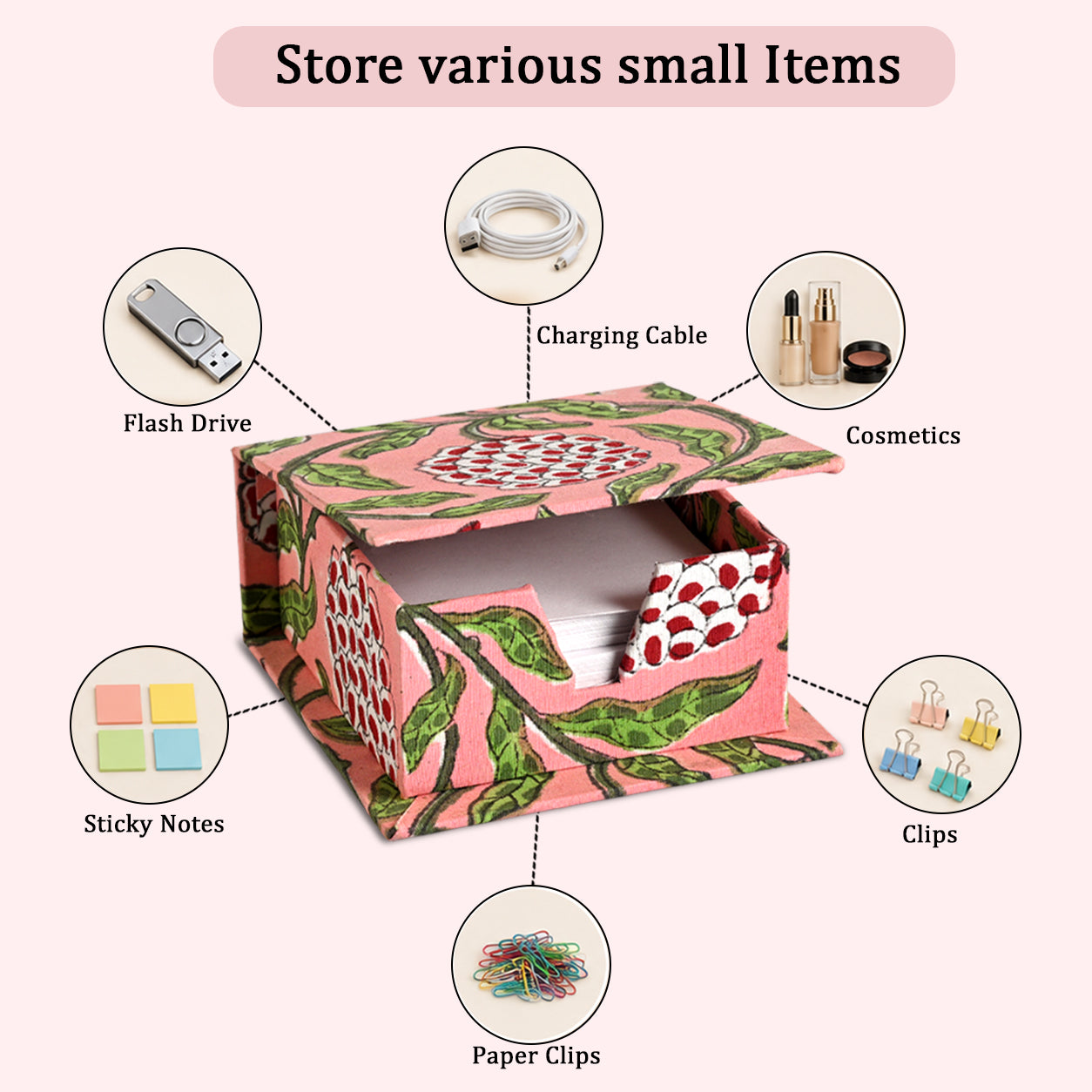 Block Print Cotton Sticky Note Holder - Strawberry Pink RIDHI