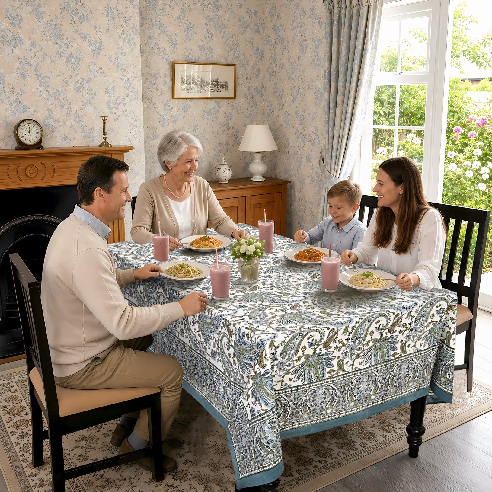Asparagus Paislay Square & Rectangle Tablecloth Ridhi Block Print