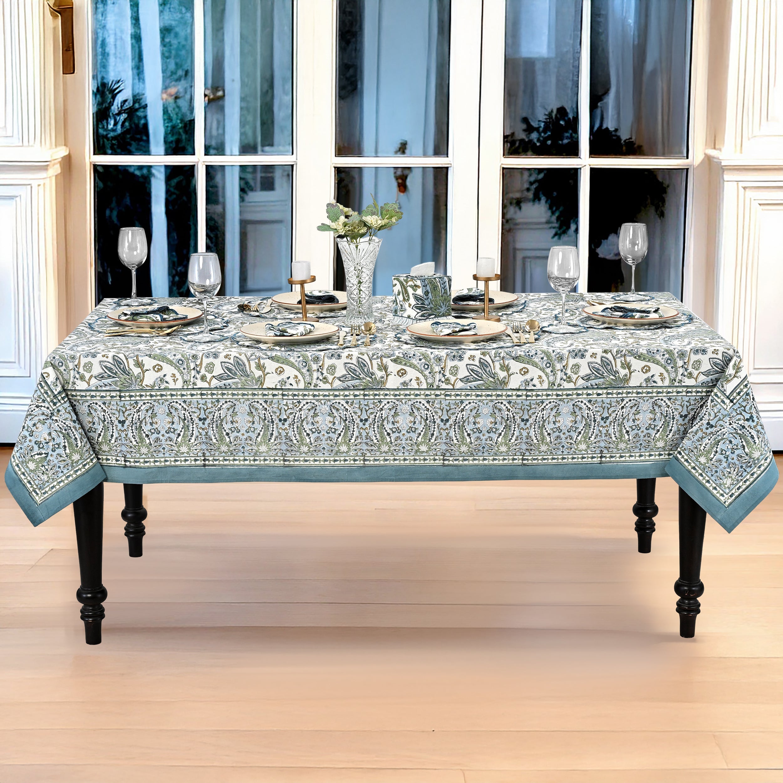 Asparagus Paislay Square & Rectangle Tablecloth Ridhi Block Print