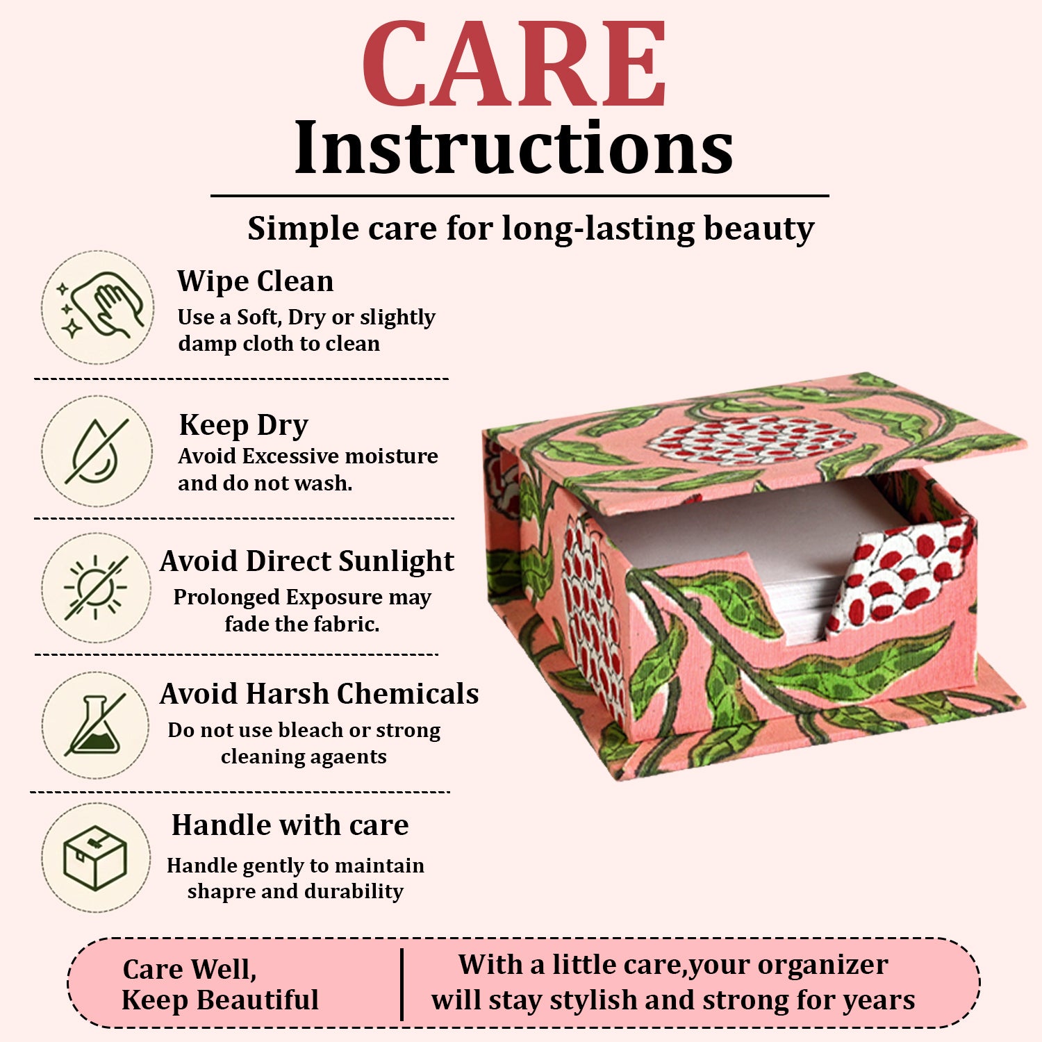 Block Print Cotton Sticky Note Holder - Strawberry Pink RIDHI