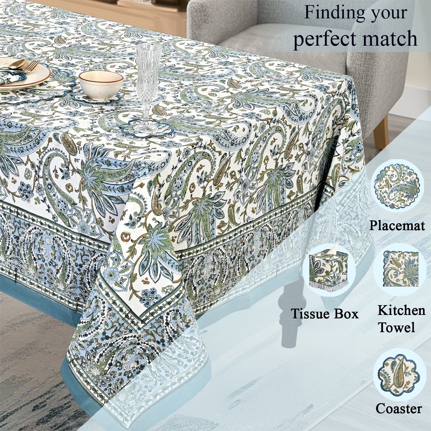 Asparagus Paislay Square & Rectangle Tablecloth Ridhi Block Print