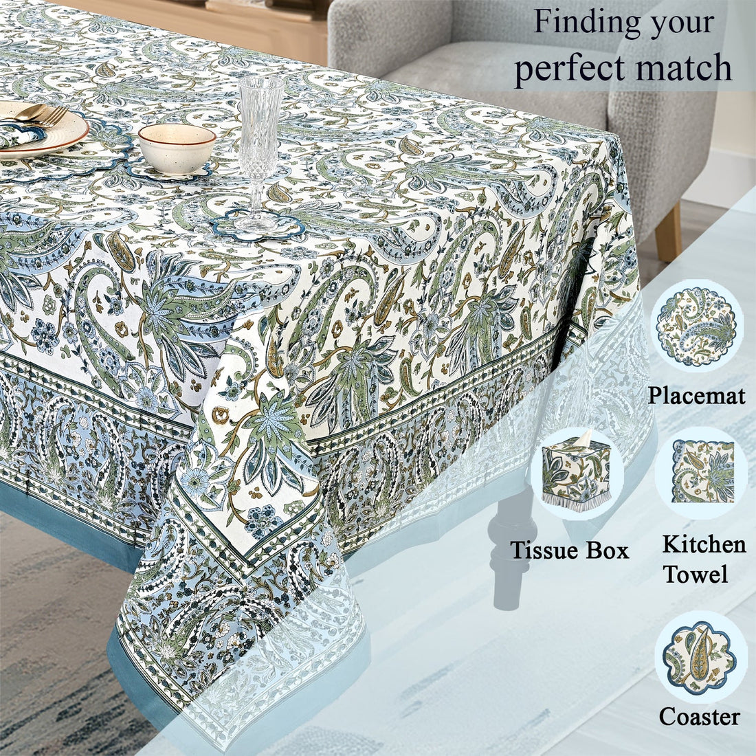 Asparagus Paislay Square & Rectangle Tablecloth Ridhi Block Print