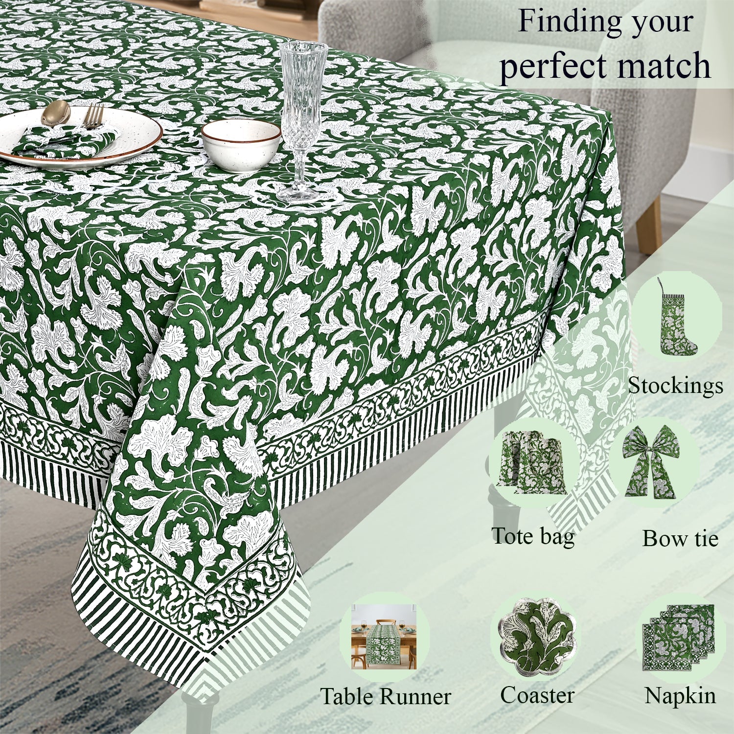 Pantone Artichoke Rectangle Tablecloth Ridhi Block Print