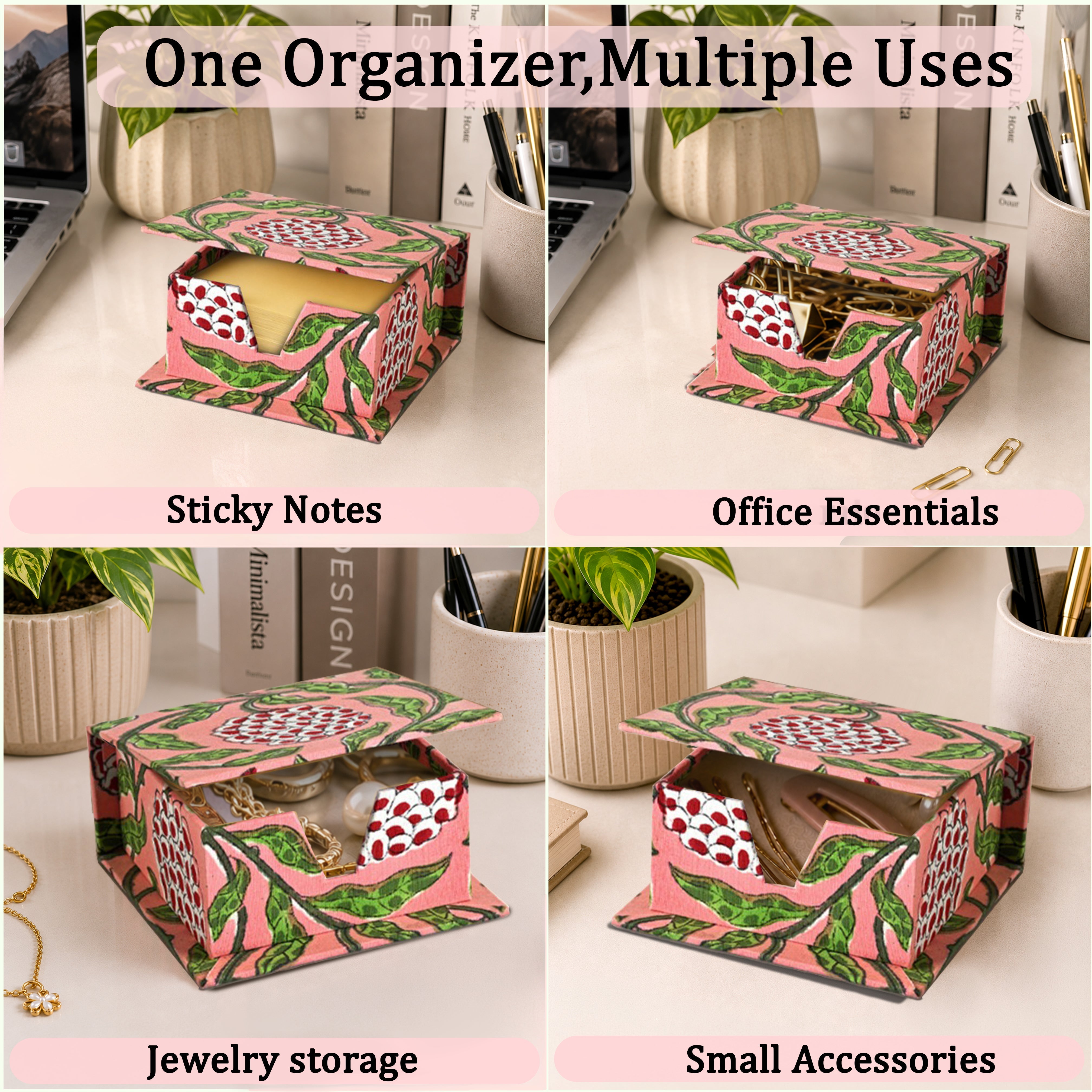 Block Print Cotton Sticky Note Holder - Strawberry Pink RIDHI