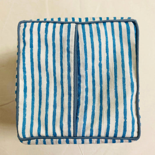 Aqua Blue Striped Tissue Box Cover Ridhi Block Print