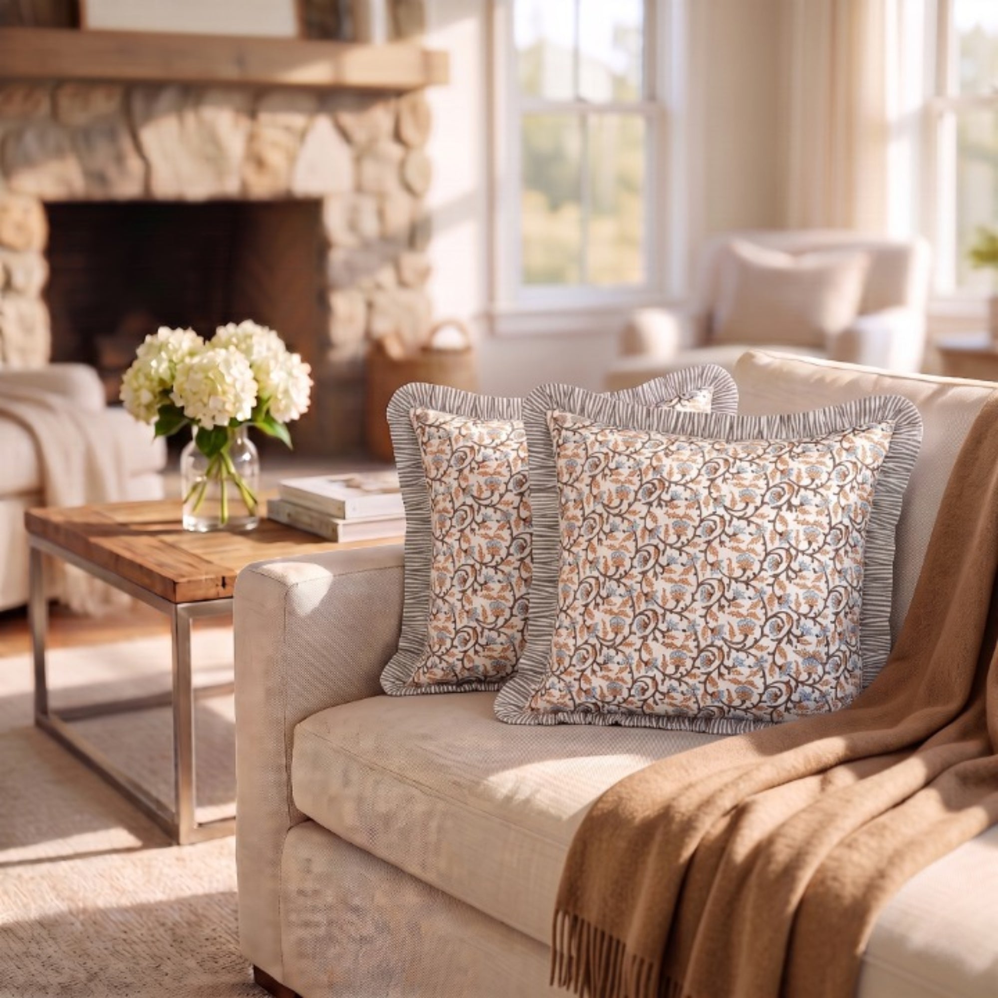 Brown Meadow Vine Ruffle Pillow Cover RIDHI