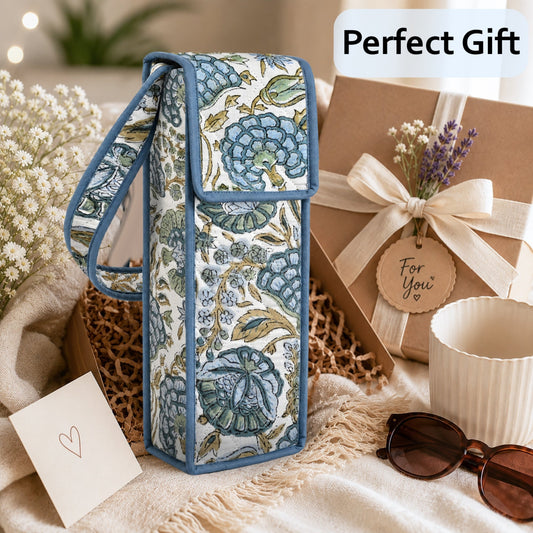 Asparagus Green Block Print Quilted Water Bottle Holder Bag RIDHI
