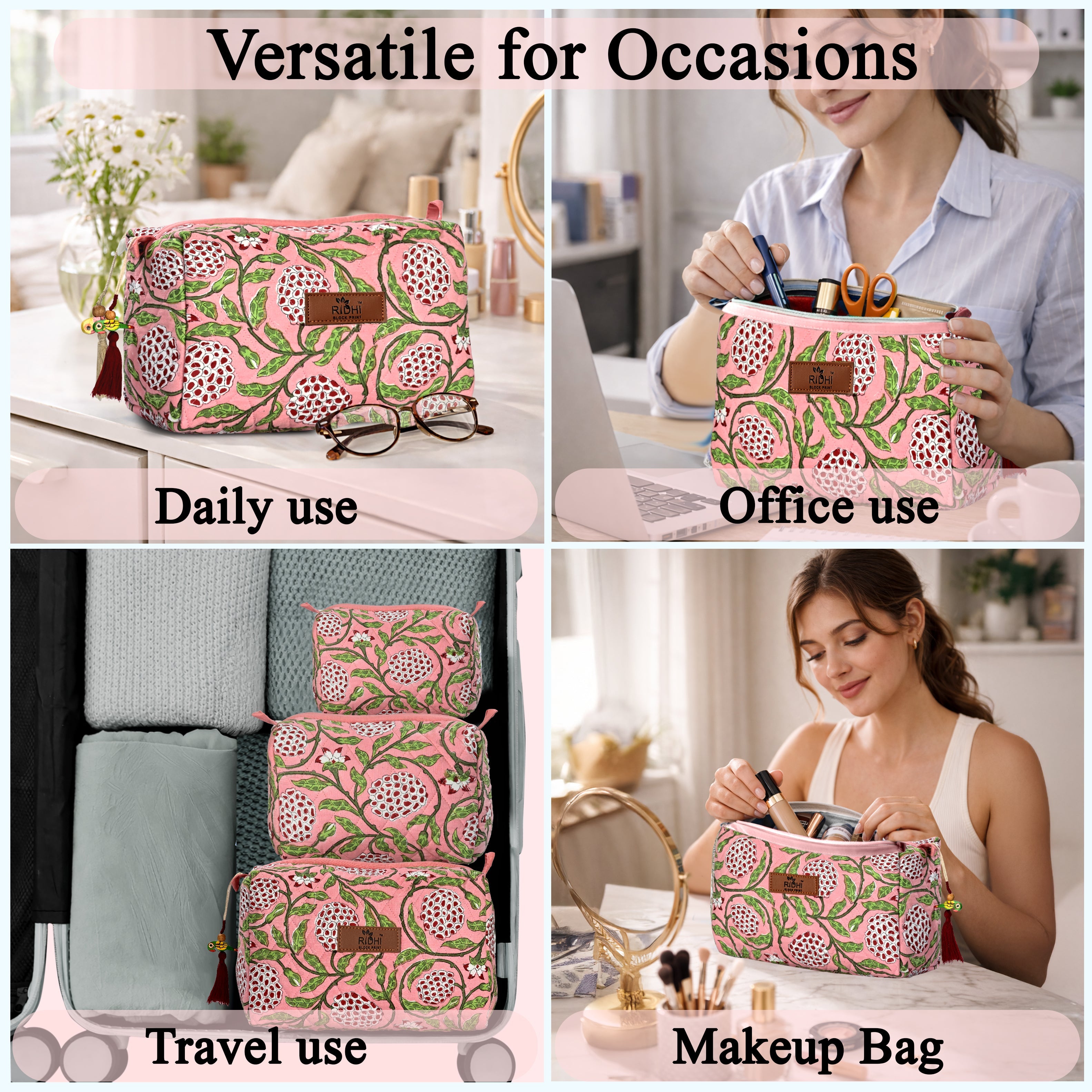 Block Print Cotton Quilted Toiletry Bag - Strawberry Pink RIDHI