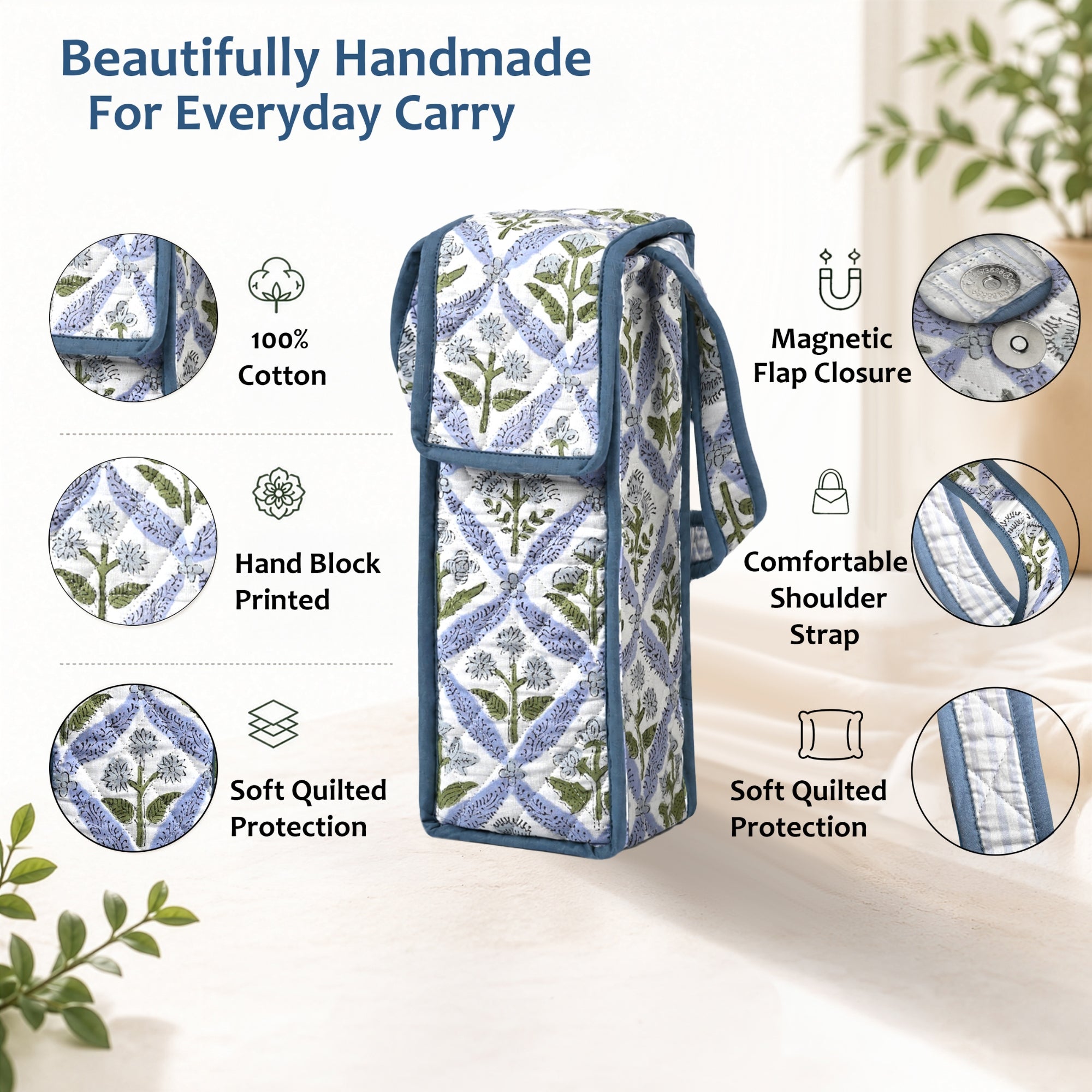 Light Steel Blue Block Print Quilted Water Bottle Holder Bag RIDHI