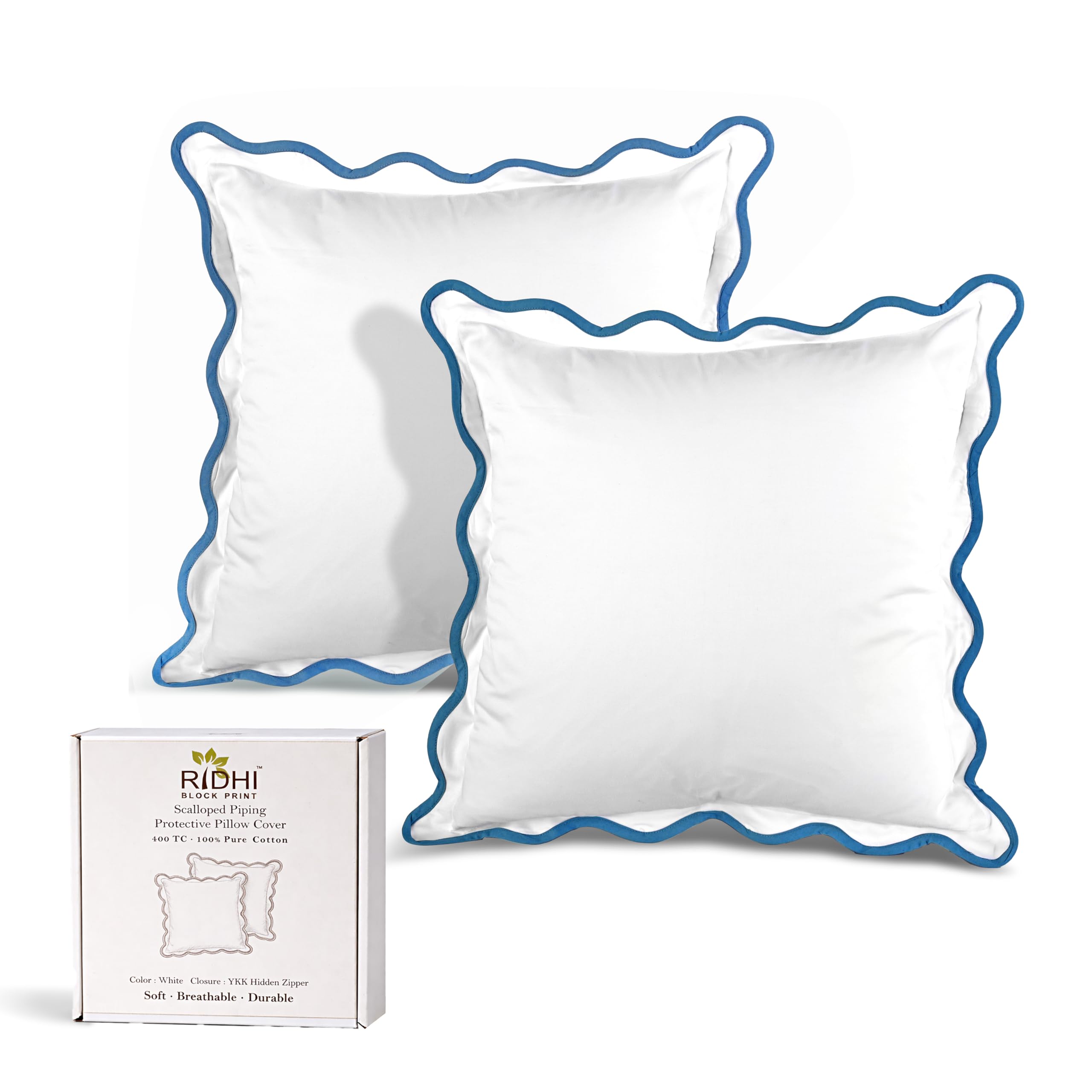 Hand Block Print Cotton Throw Pillow Cover - White With Blue