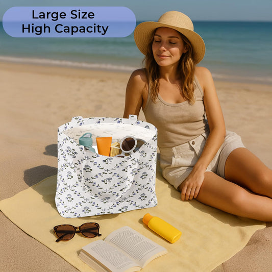 Hand Block Print Cotton Tote Bag - Powder Blue