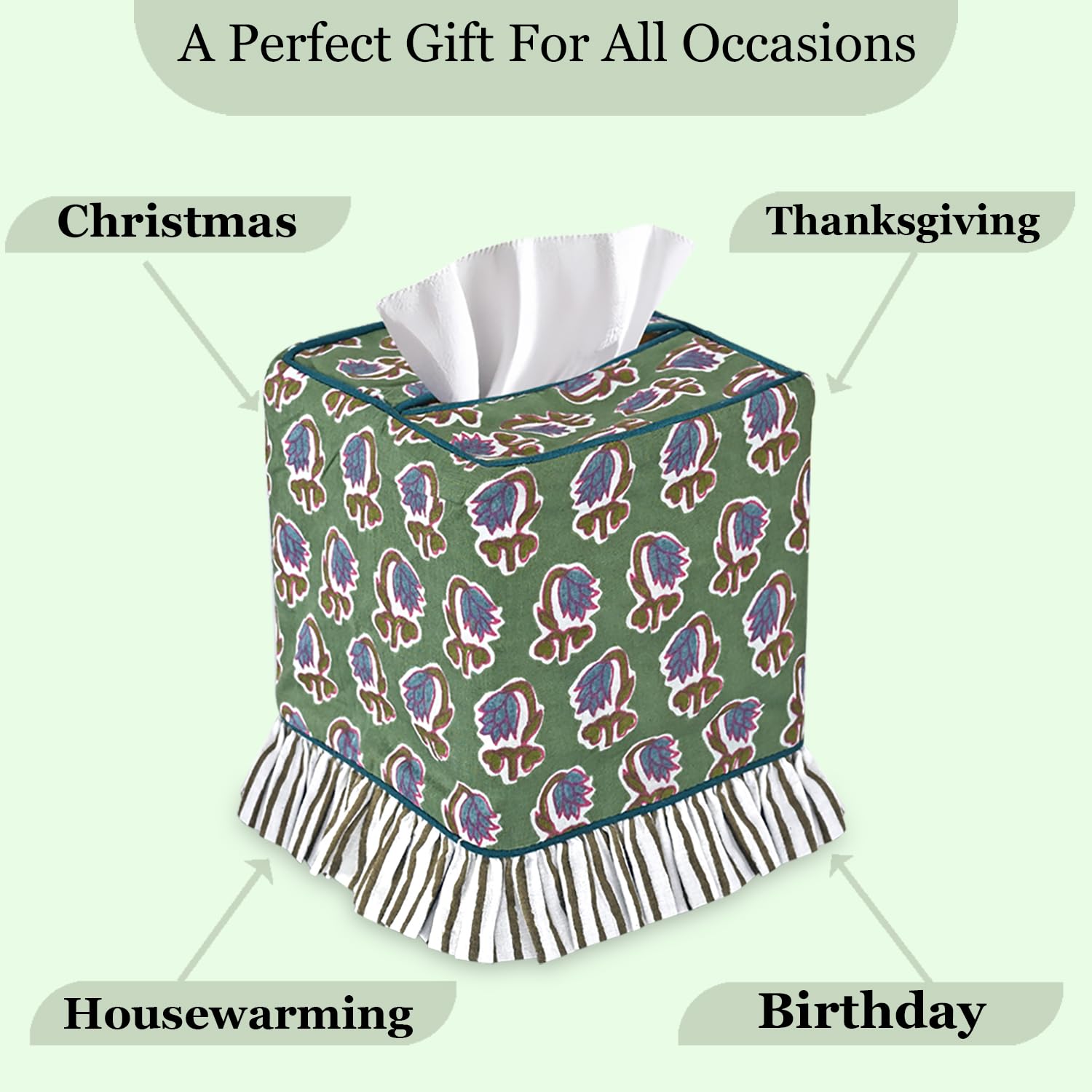 Hand Block Print Cotton Tissue Box Cover - Basil Green