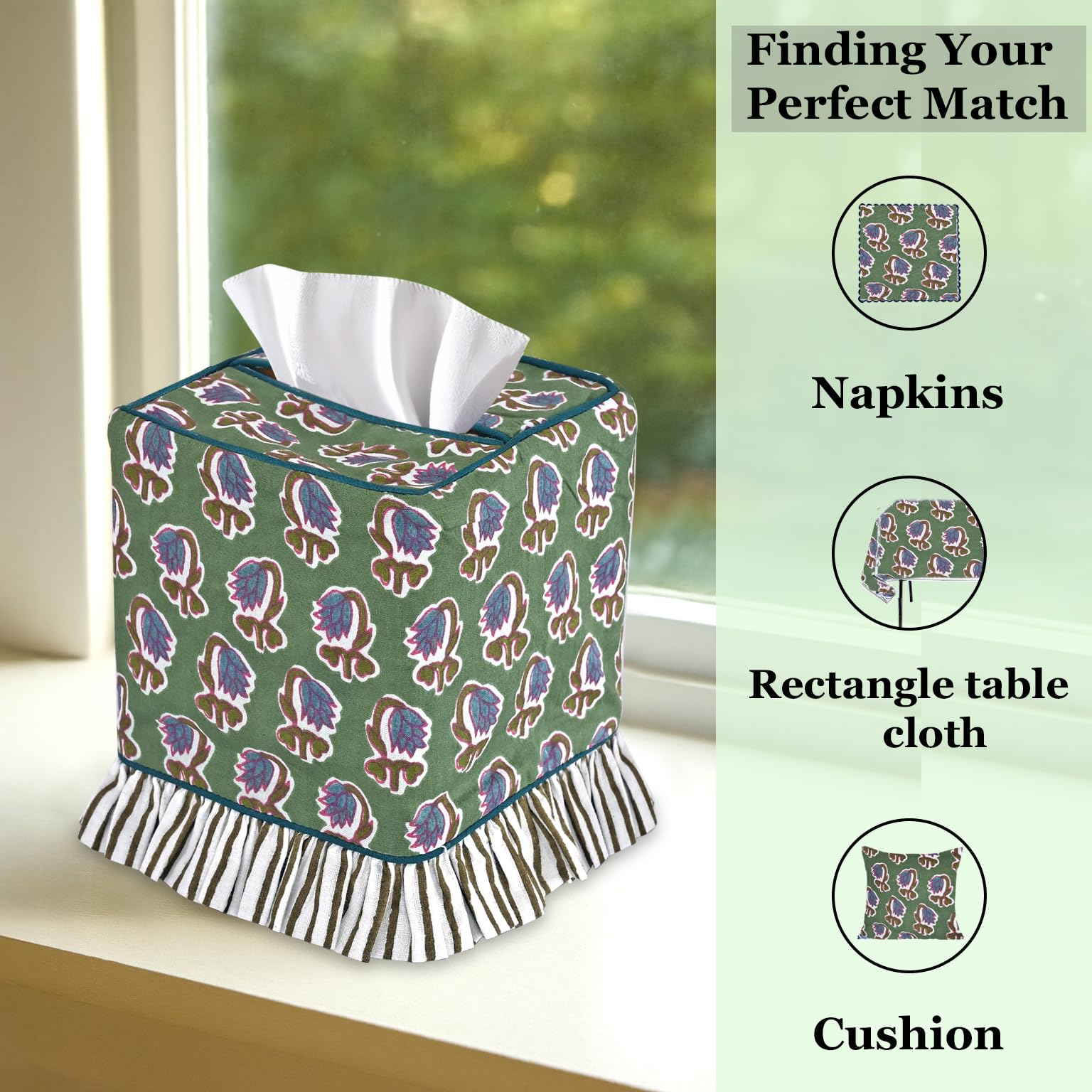Hand Block Print Cotton Tissue Box Cover - Basil Green