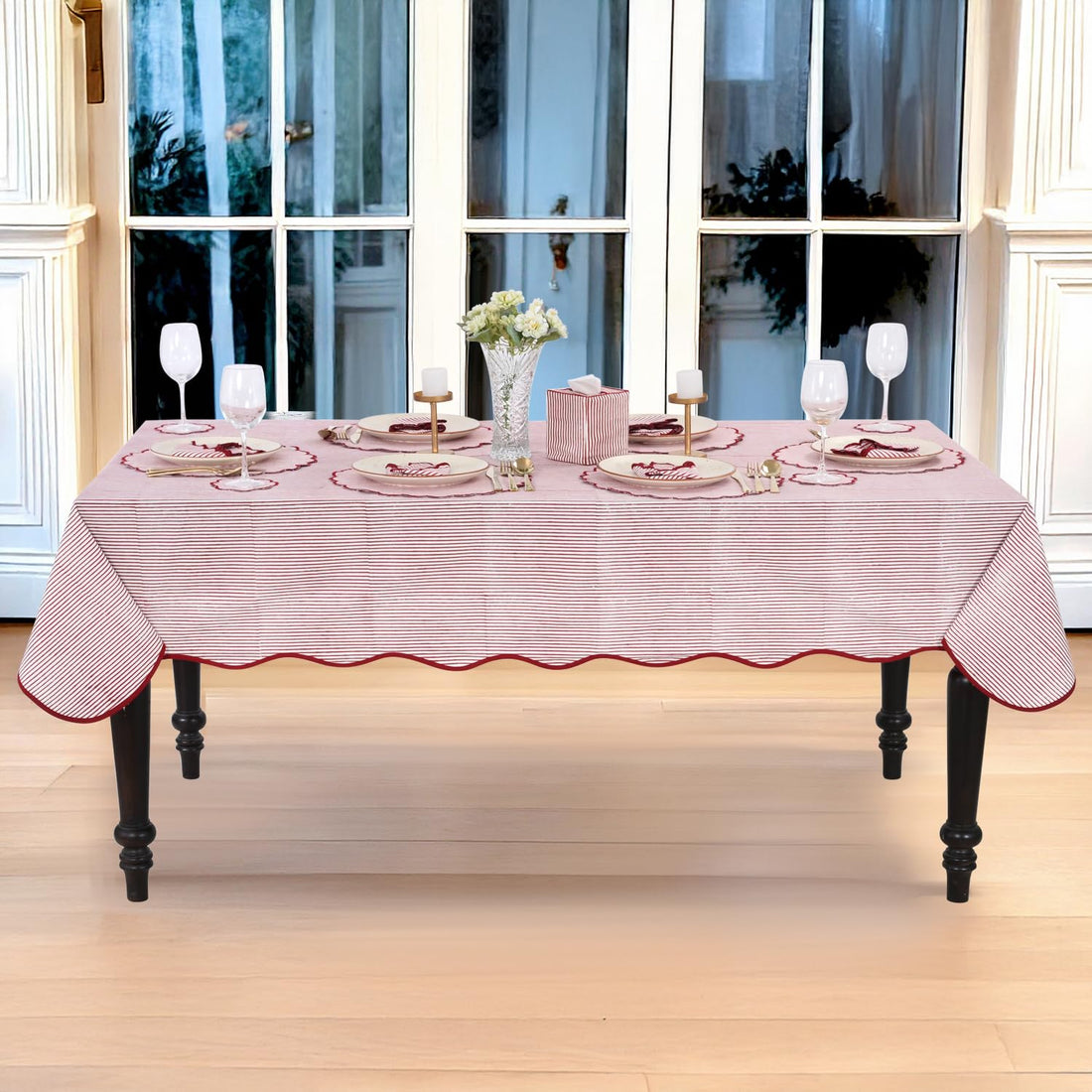 Hand Block Print Cotton Tablecloth - Ruby Red Stripe