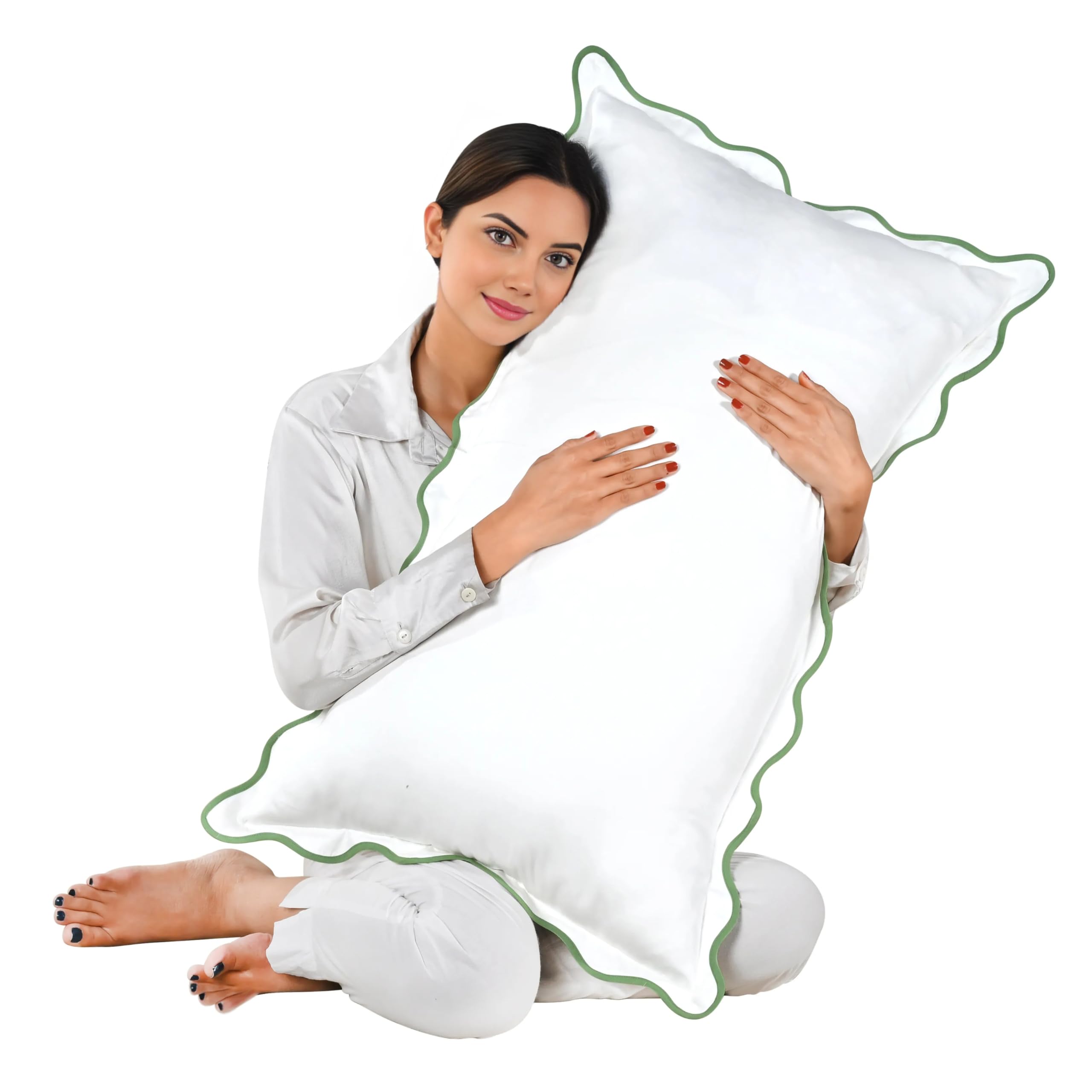Hand Block Print Cotton Throw Pillow Cover - White With Green