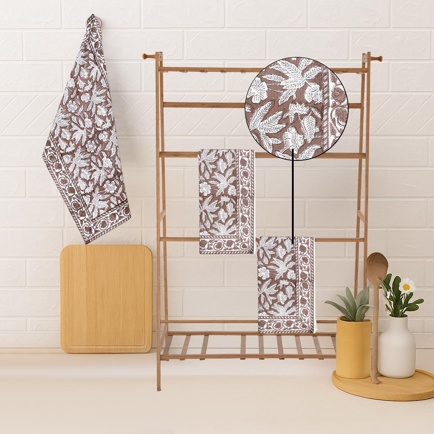Hand Block Print Cotton Kitchen Towel - Oak Brown