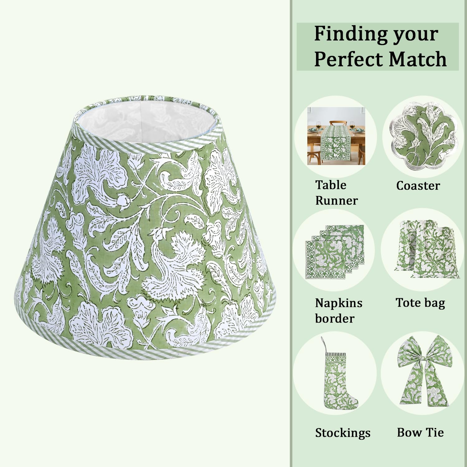 Hand Block Print Cotton Lampshade - Sage Green