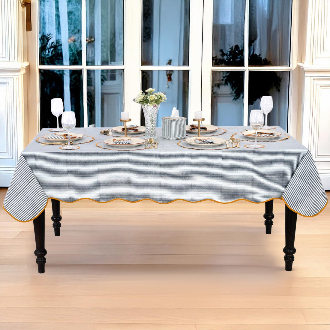 Hand Block Print Cotton Tablecloth - Slate Blue Stripe