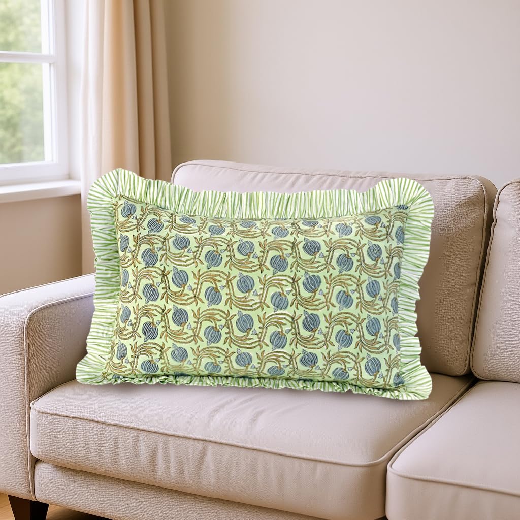 Hand Block Print Cotton Throw Pillow Cover - Apple Green Floral