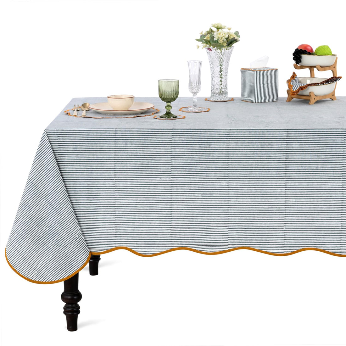 Hand Block Print Cotton Tablecloth - Slate Blue Stripe